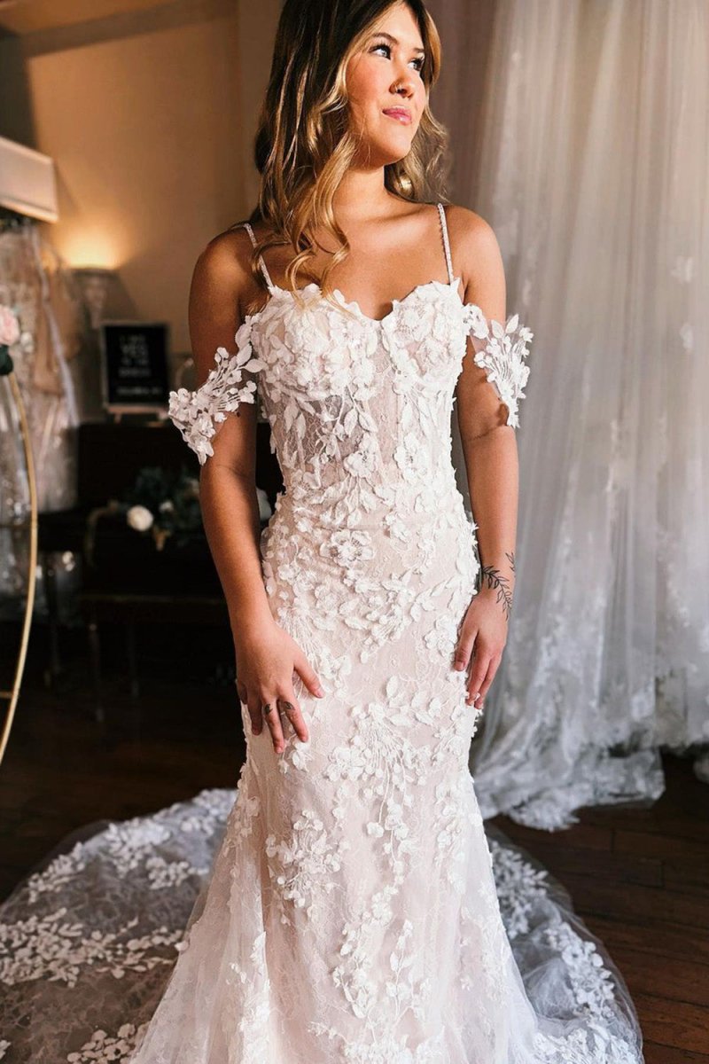 Rivka | Champagne Off the Shoulder Mermaid Wedding Dress with Train - KissProm