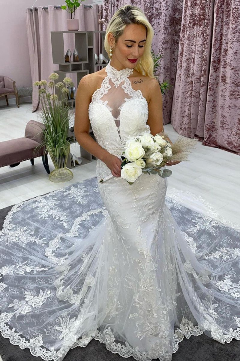 Ayleen | Ivory Halter Long Train Mermaid Wedding Dress with Appliques - KissProm