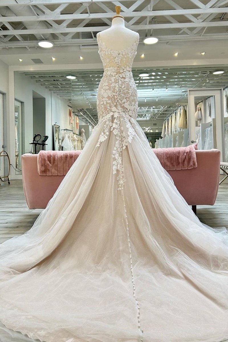 Natasha | Champagne V - Neck Asymmetrical Mermaid Wedding Dress with Appliques - KissProm