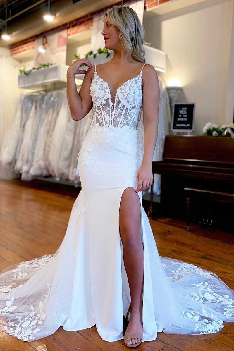 Devonsol | Ivory Spaghetti Straps High Slit Mermaid Wedding Dress with Appliques - KissProm