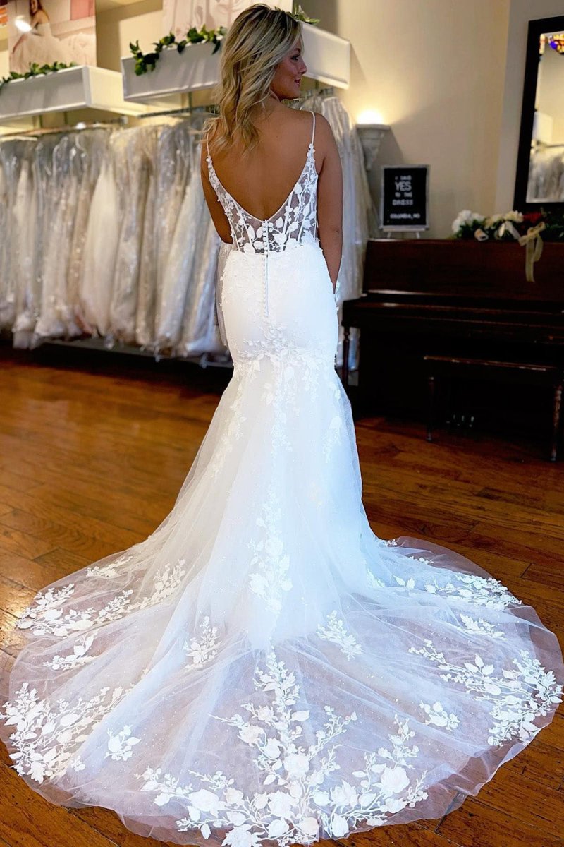 Devonsol | Ivory Spaghetti Straps High Slit Mermaid Wedding Dress with Appliques - KissProm