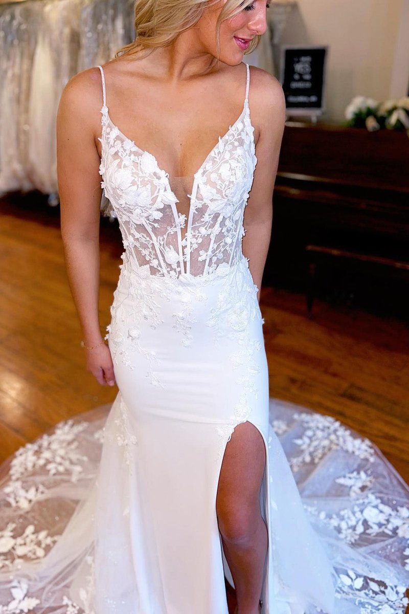 Devonsol | Ivory Spaghetti Straps High Slit Mermaid Wedding Dress with Appliques - KissProm