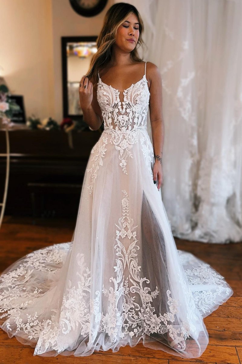 Annika | Ivory Detachable Sleeve High Slit A - Line Wedding Dress with Appliques - KissProm