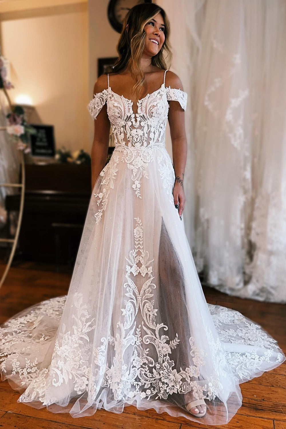 Off The Shoulder A-line Lace Wedding Dress With High Slit.