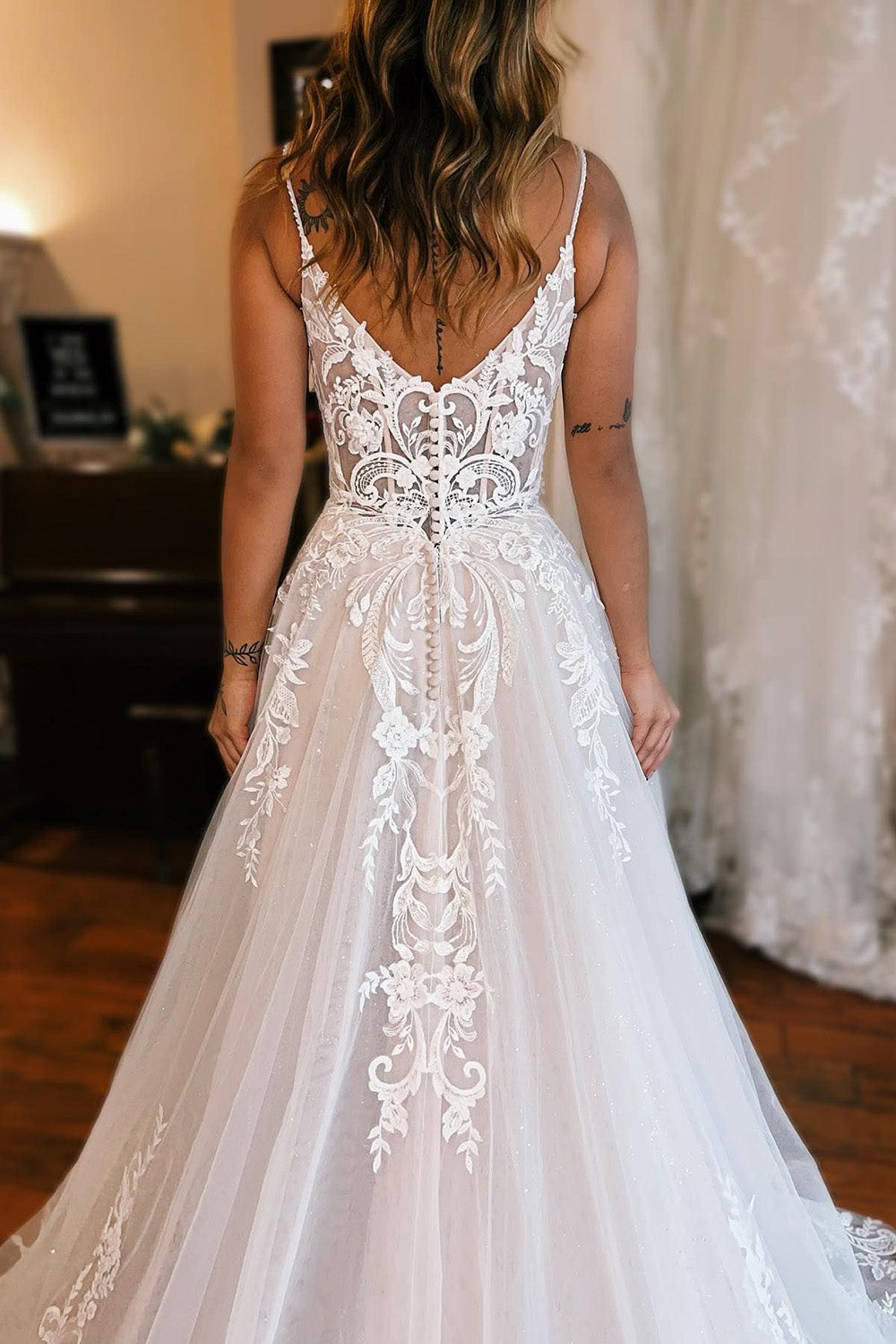 Annika | Ivory Detachable Sleeve High Slit A-Line Wedding Dress with  Appliques - Ivory / 0