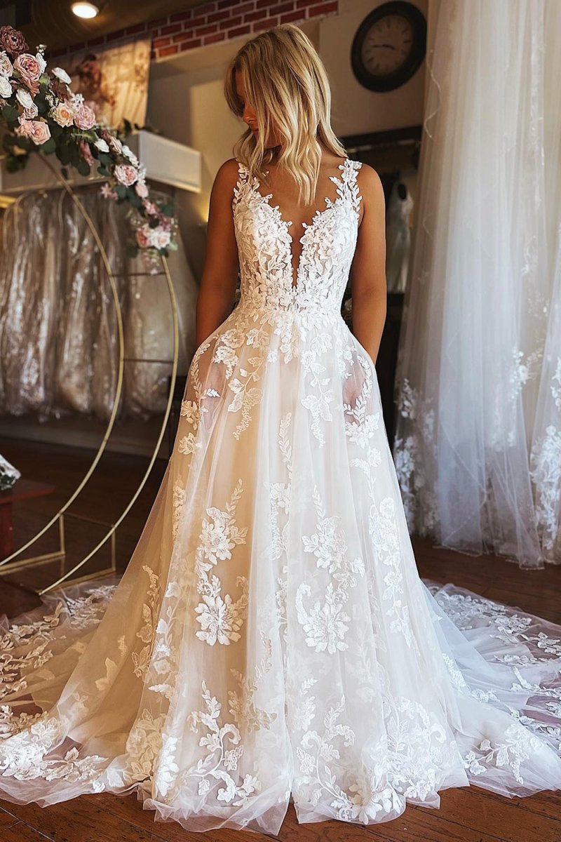 Malayah | Ivory V - Neck A - Line Tulle Wedding Dress with Pockets - KissProm