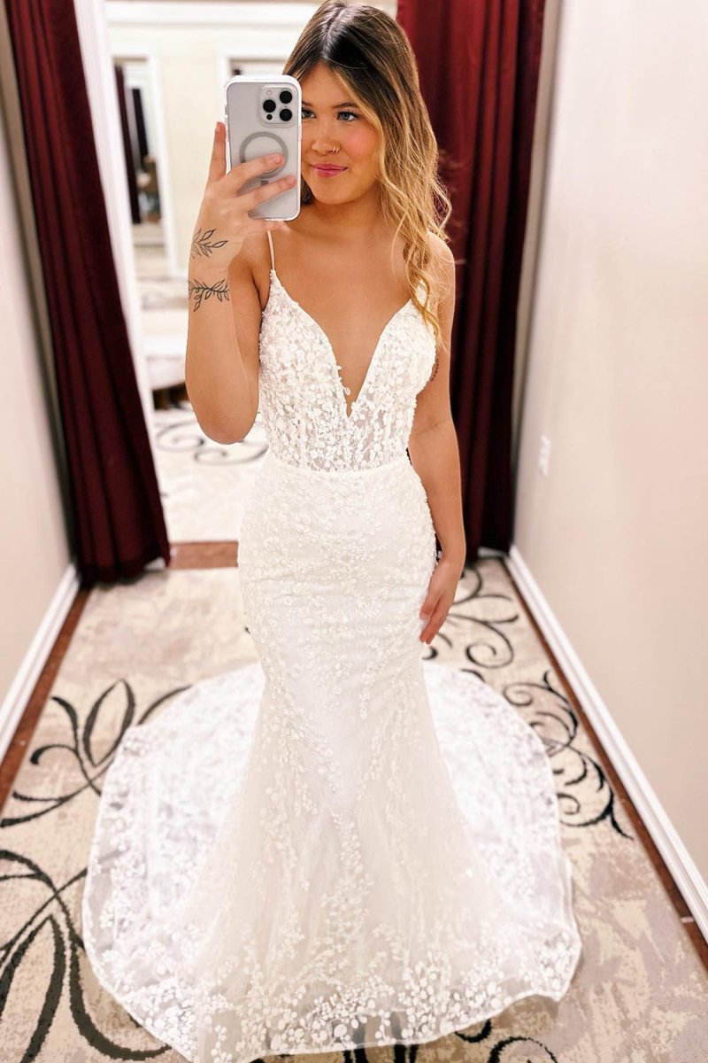 Drew | Ivory Spaghetti Straps Lace Mermaid Wedding Dress with Train - KissProm