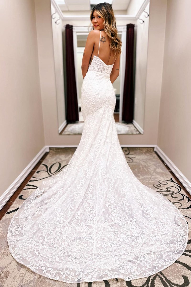 Drew | Ivory Spaghetti Straps Lace Mermaid Wedding Dress with Train - KissProm