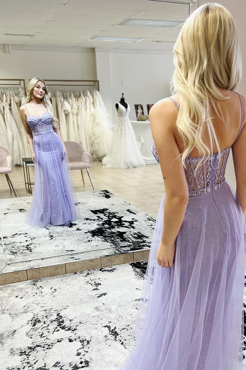 Karsyn | Mermaid Spaghetti Straps Purple Corset Prom Dress with Slit - KissProm