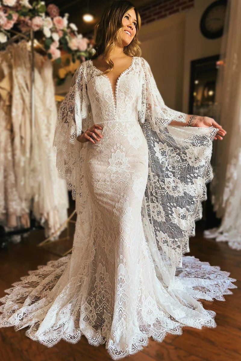 Anais | Ivory Long Sleeve Cape Lace Mermaid Wedding Dress with Appliques - KissProm