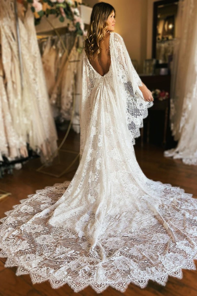 Anais | Ivory Long Sleeve Cape Lace Mermaid Wedding Dress with Appliques - KissProm