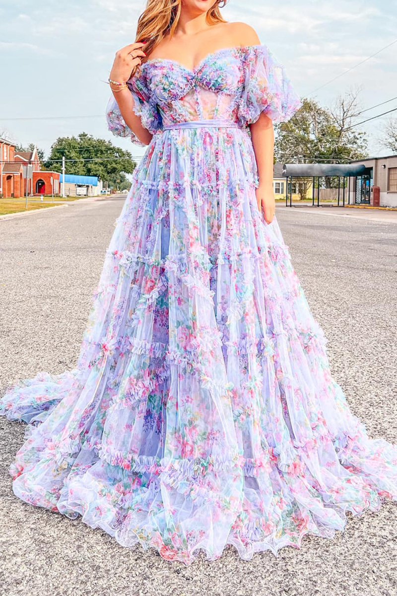 Sydney |A Line Off The Shoulder Floral Tulle Prom Dress - KissProm