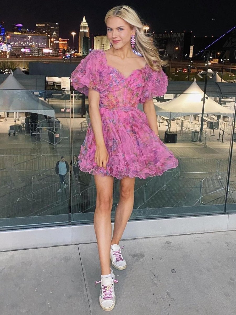 Ivana | Pink A Line Off the Shoulder Floral Printed Homecoming Dress - KissProm