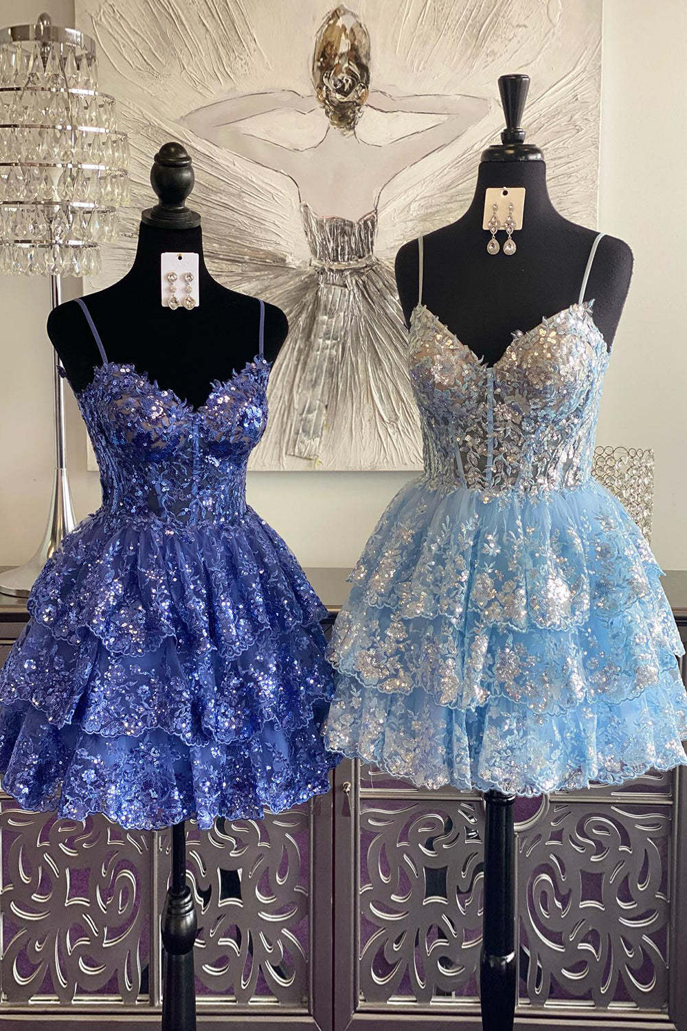 Reana A Line Sky Blue Sequins Multi Layers Short Homecoming Dress