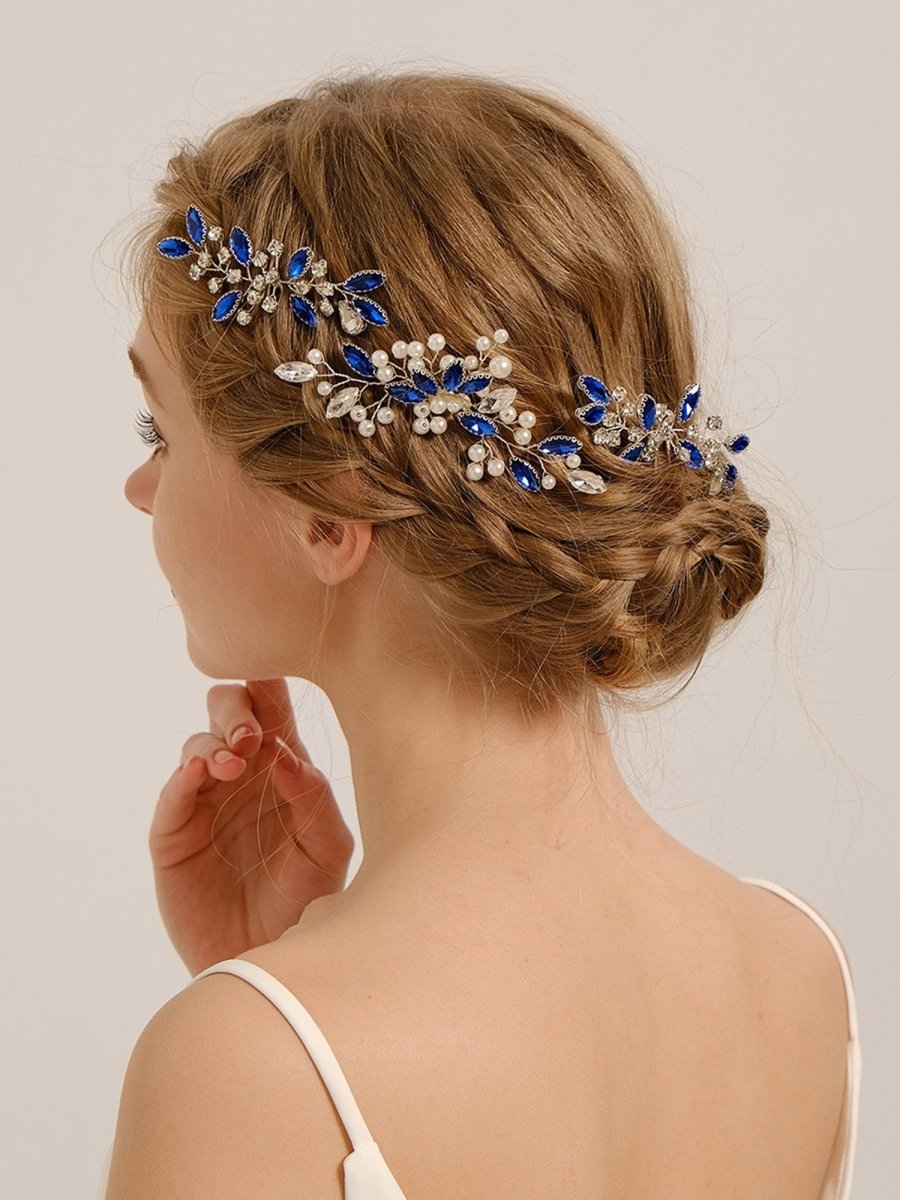 Stylish Blue Rhinestone Pearl Hair Comb 3 Pcs - KissProm