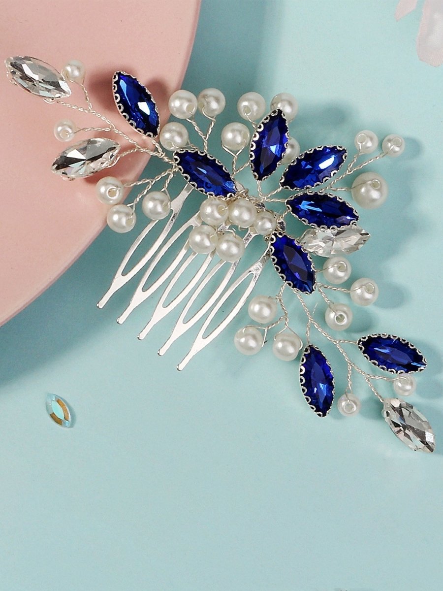 Stylish Blue Rhinestone Pearl Hair Comb 3 Pcs - KissProm