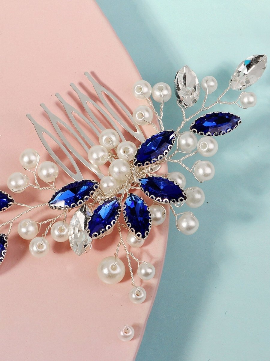 Stylish Blue Rhinestone Pearl Hair Comb 3 Pcs - KissProm