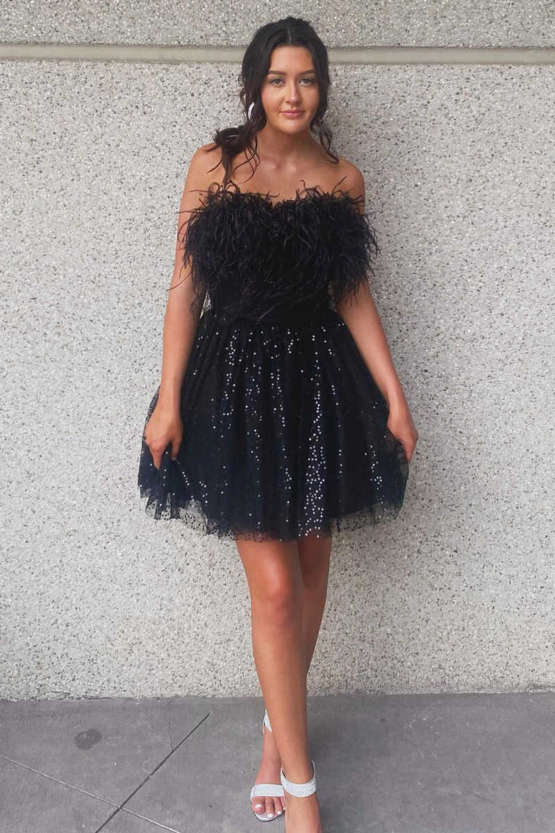 A-Line Black Sequin Feather Short Party Dress | KissProm