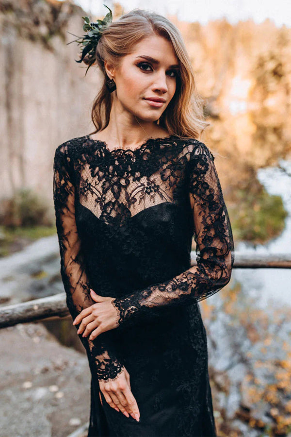 Waris | A line Black Sweetheart Long Sleeves Lace Beach Wedding Dresse |  KissProm