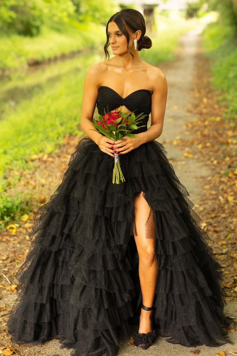 Serendip | A Line Black Tiered Tulle Sweetheart Long Prom Dresses with Slit - KissProm