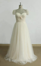 A - Line Cap Sleeve Sweetheart Tulle Sweep Train Long Wedding Dress - KissProm