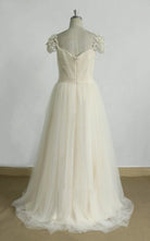 A - Line Cap Sleeve Sweetheart Tulle Sweep Train Long Wedding Dress - KissProm