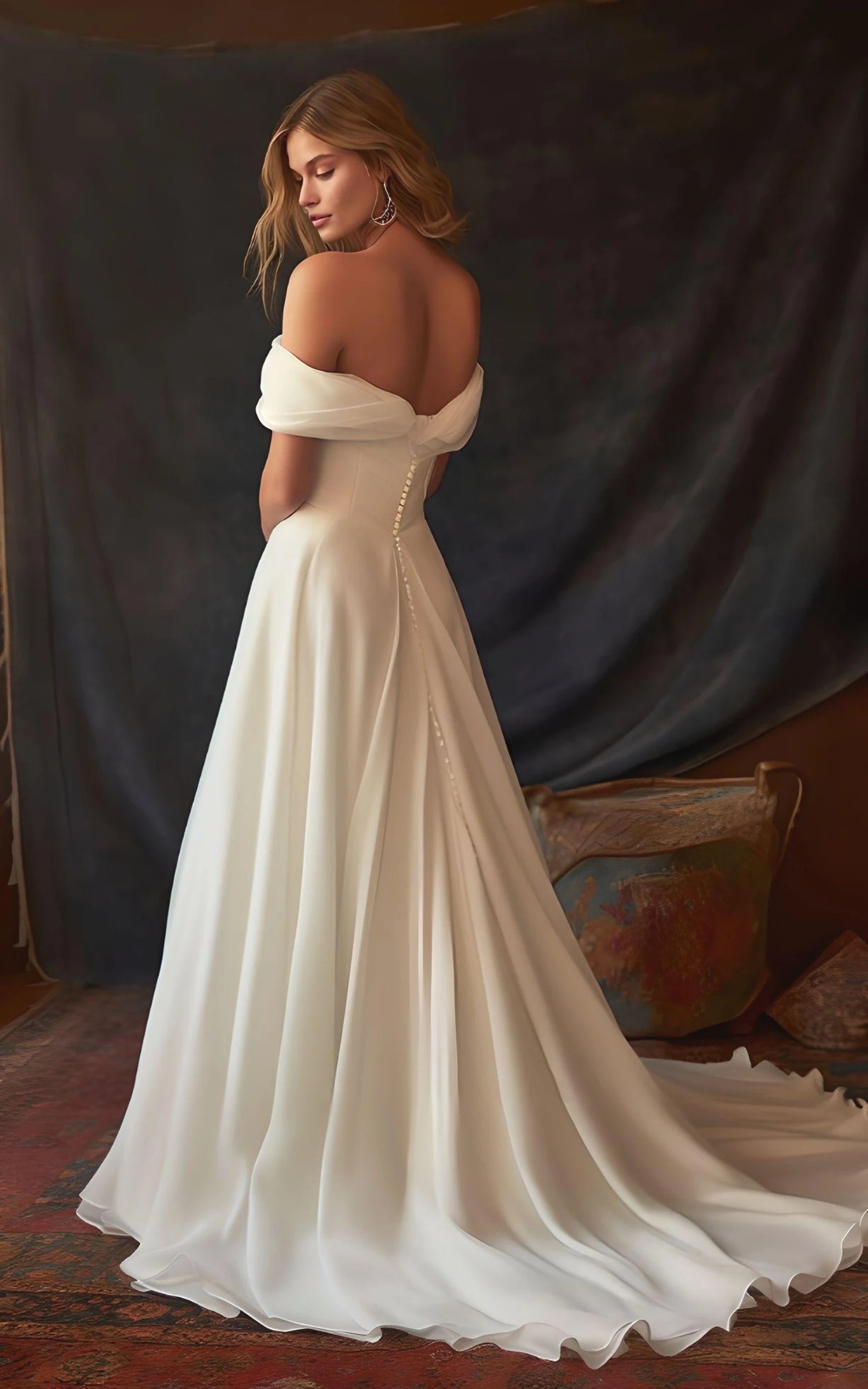 A - Line Chiffon Sleeveless Off - the - Shoulder Wedding Dress with Ruching Floor Length - KissProm