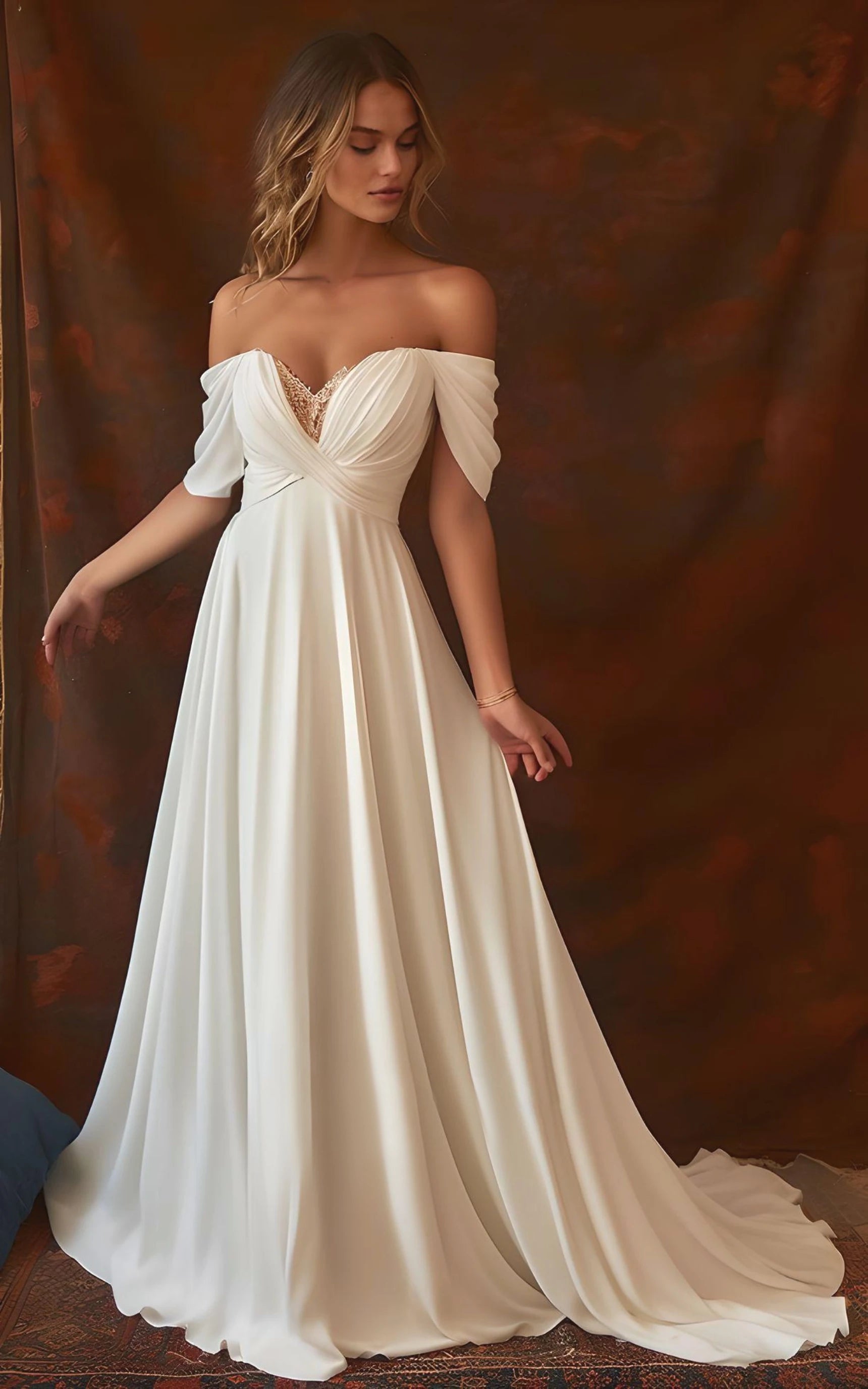 A - Line Chiffon Sleeveless Off - the - Shoulder Wedding Dress with Ruching Floor Length - KissProm