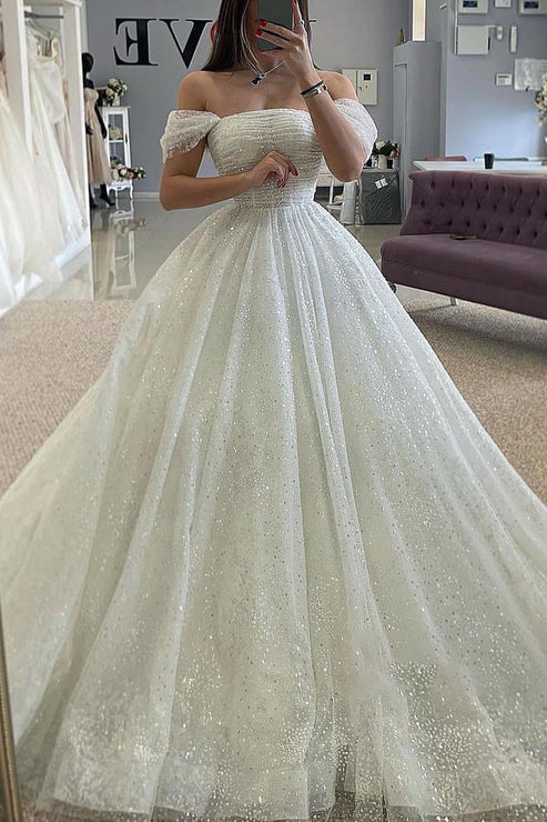 A-Line Detachable Off-Shoulder Empire Glitter Tulle Wedding Dress