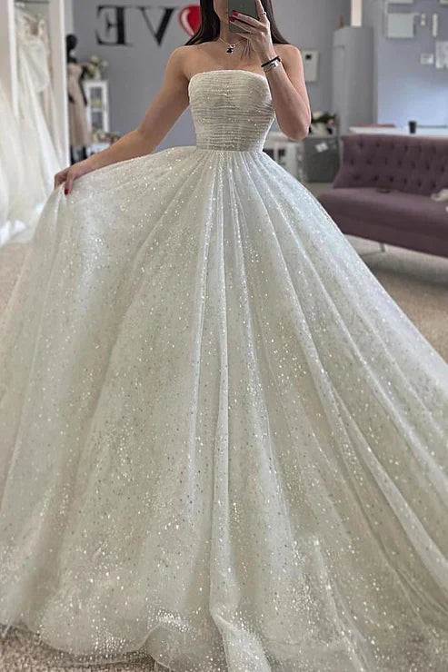 A-Line Detachable Off-Shoulder Empire Glitter Tulle Wedding Dress