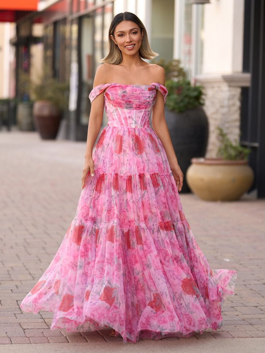 A Line Floral Pink Long Prom Dress - KissProm