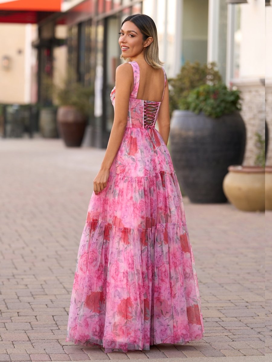 A Line Floral Pink Long Prom Dress - KissProm