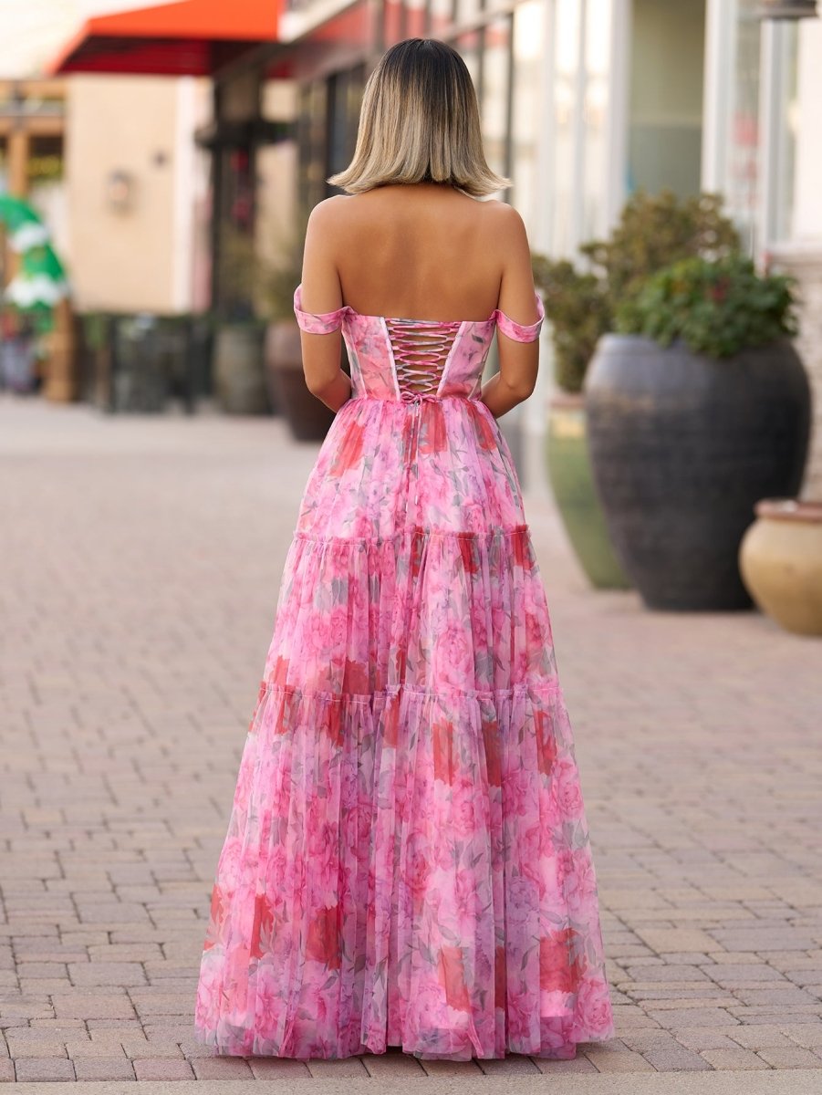 A Line Floral Pink Long Prom Dress - KissProm