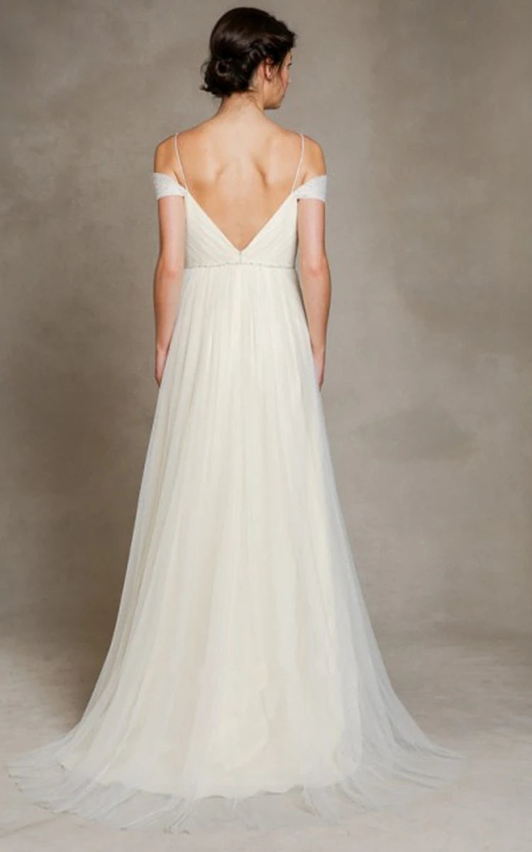 A - Line Spaghetti Straps Off - the - Shoulder Tulle Long Wedding Dress - KissProm