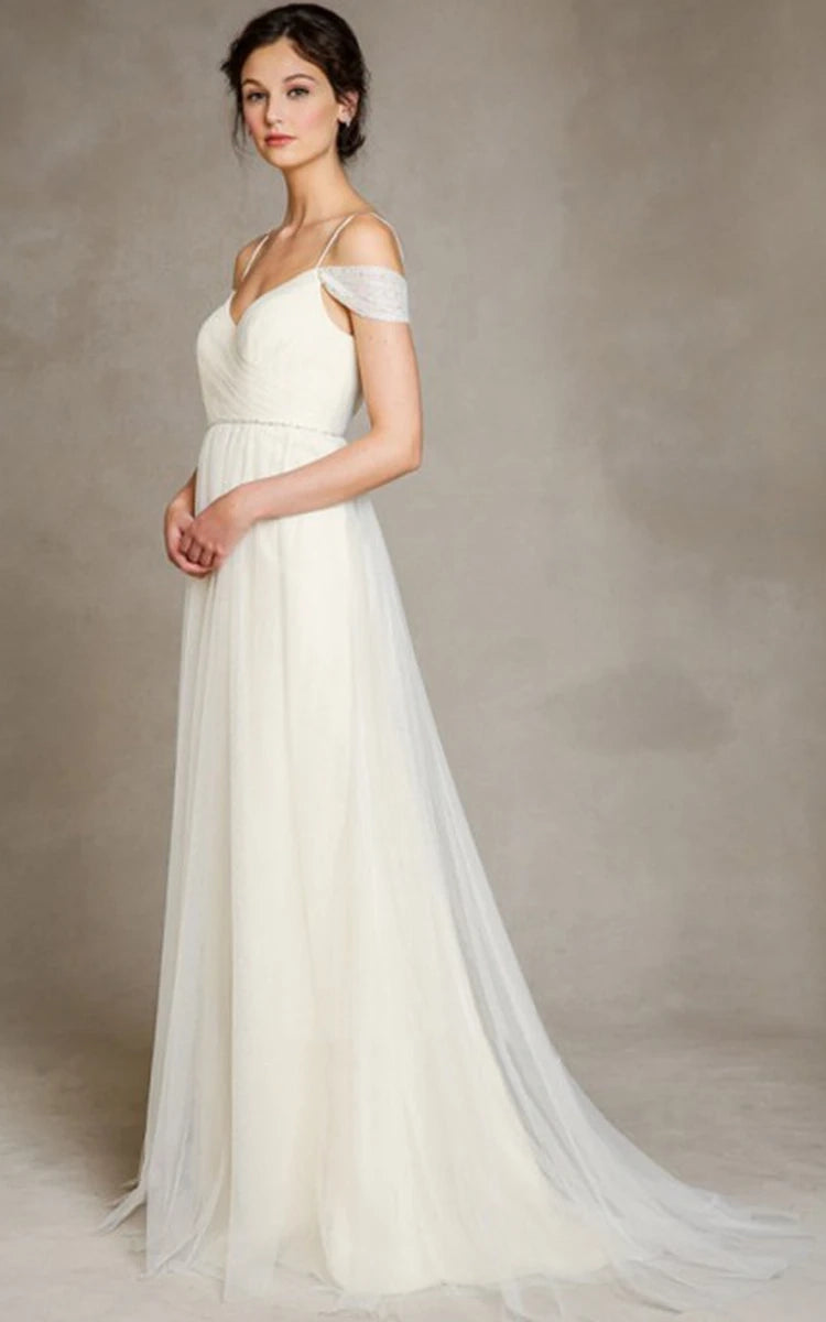 A - Line Spaghetti Straps Off - the - Shoulder Tulle Long Wedding Dress - KissProm