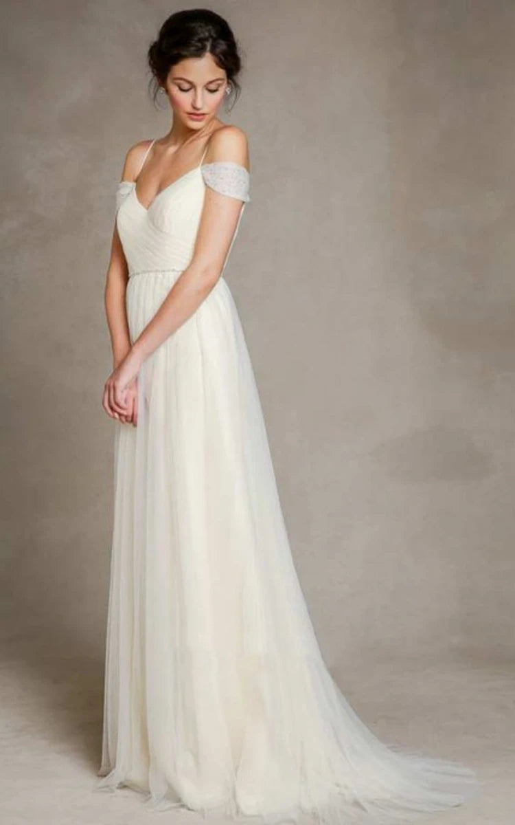 A - Line Spaghetti Straps Off - the - Shoulder Tulle Long Wedding Dress - KissProm