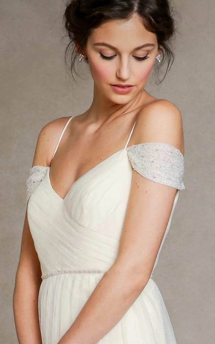 A - Line Spaghetti Straps Off - the - Shoulder Tulle Long Wedding Dress - KissProm