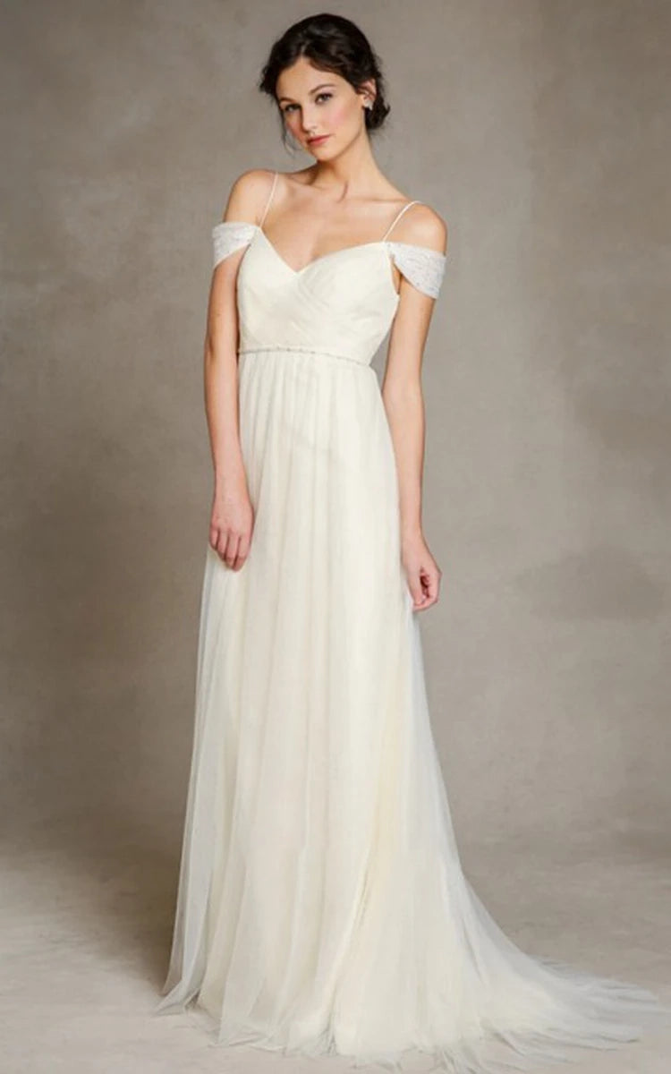 A - Line Spaghetti Straps Off - the - Shoulder Tulle Long Wedding Dress - KissProm