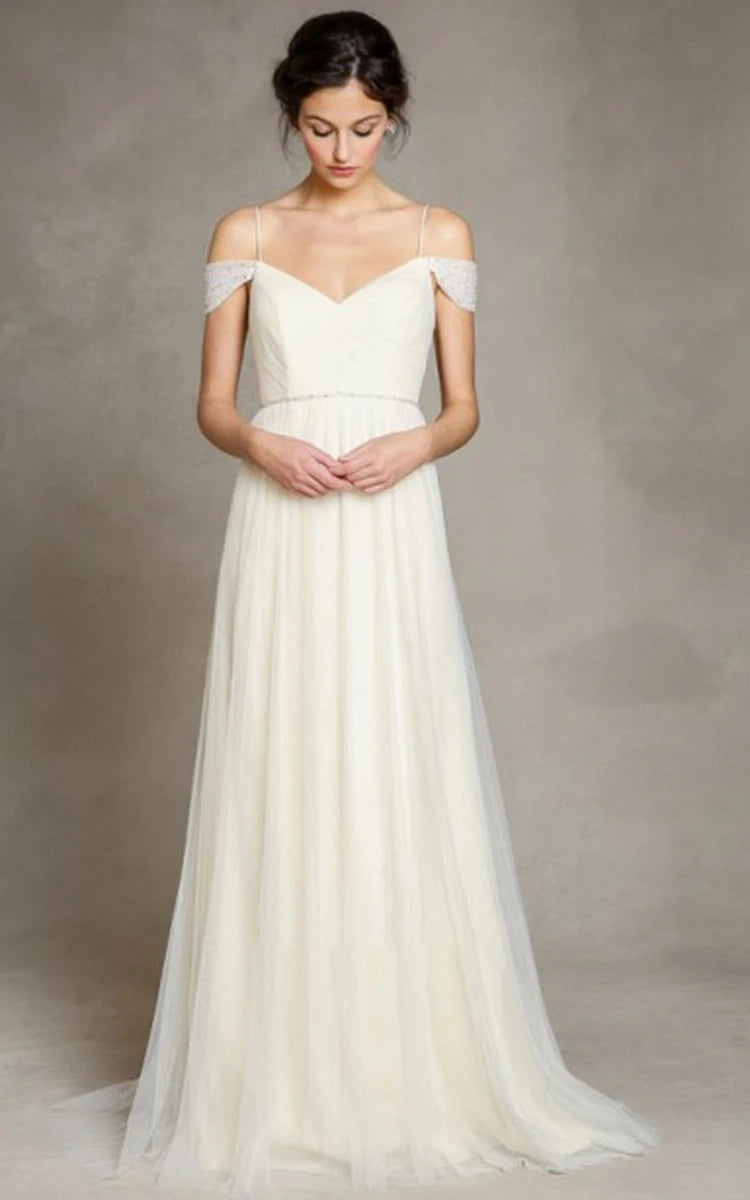 A - Line Spaghetti Straps Off - the - Shoulder Tulle Long Wedding Dress - KissProm