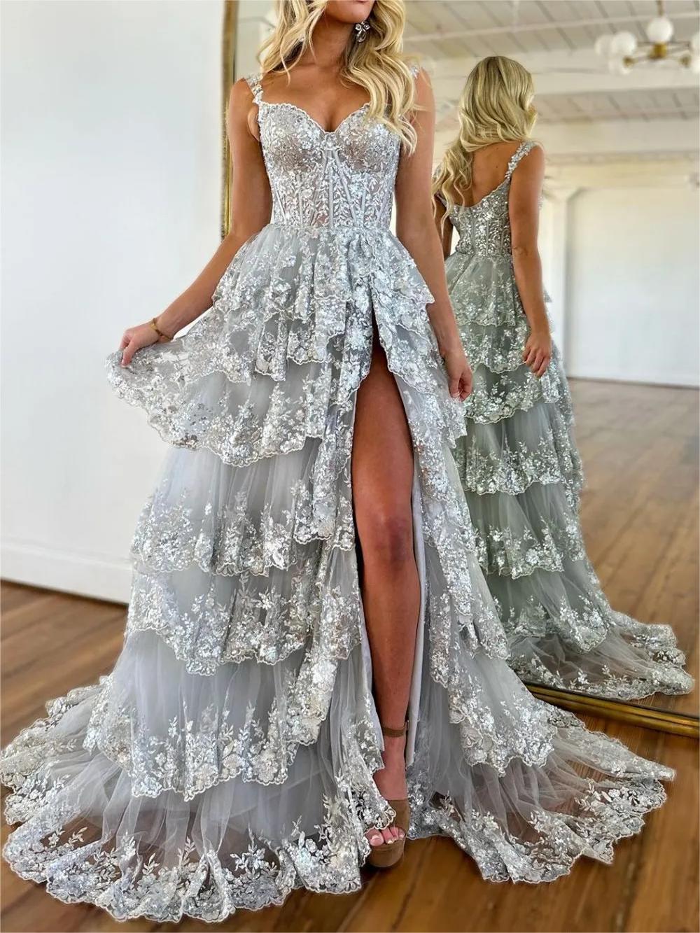 Capri, A-Line Lace Off-the-Shoulder Tiered Long Prom Dress with Slit