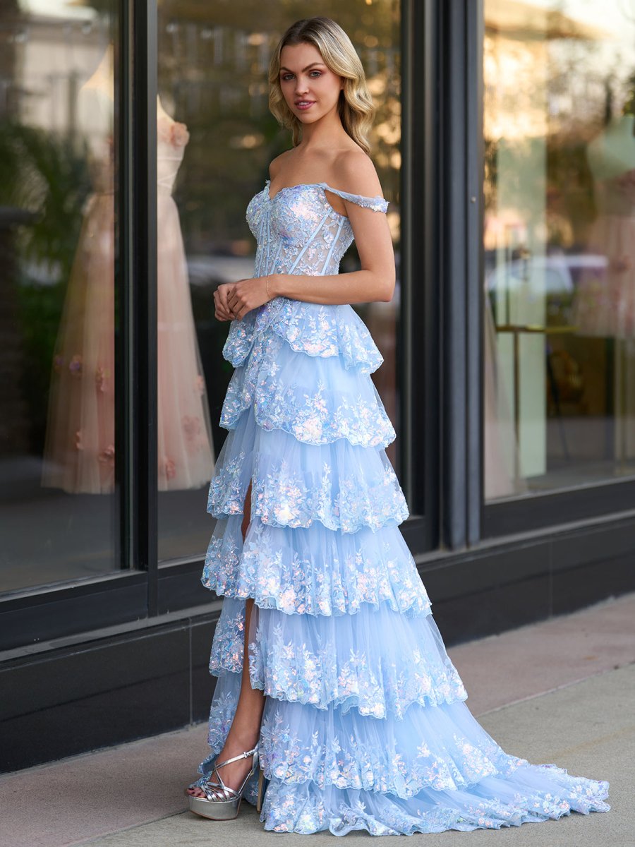 Capri | A - Line Lace Off - the - Shoulder Tiered Long Prom Dress with Slit - KissProm