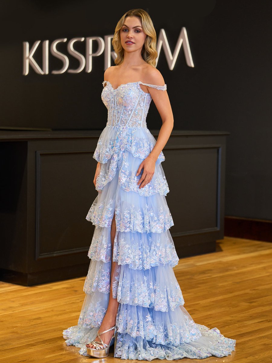 Princess A Line Off the Shoulder Corset Prom Dress with Lace Ruffles - KissProm