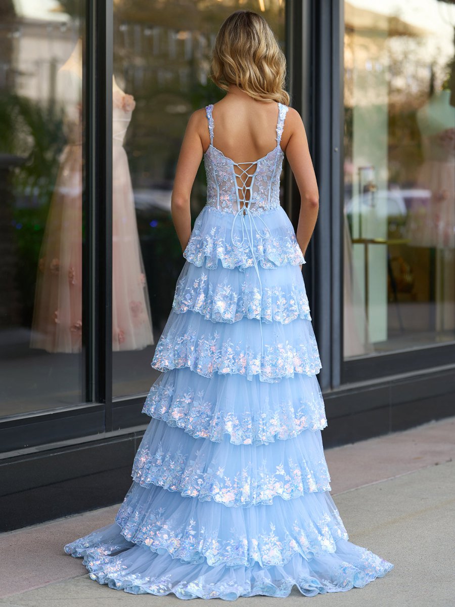 Capri | A - Line Lace Off - the - Shoulder Tiered Long Prom Dress with Slit - KissProm