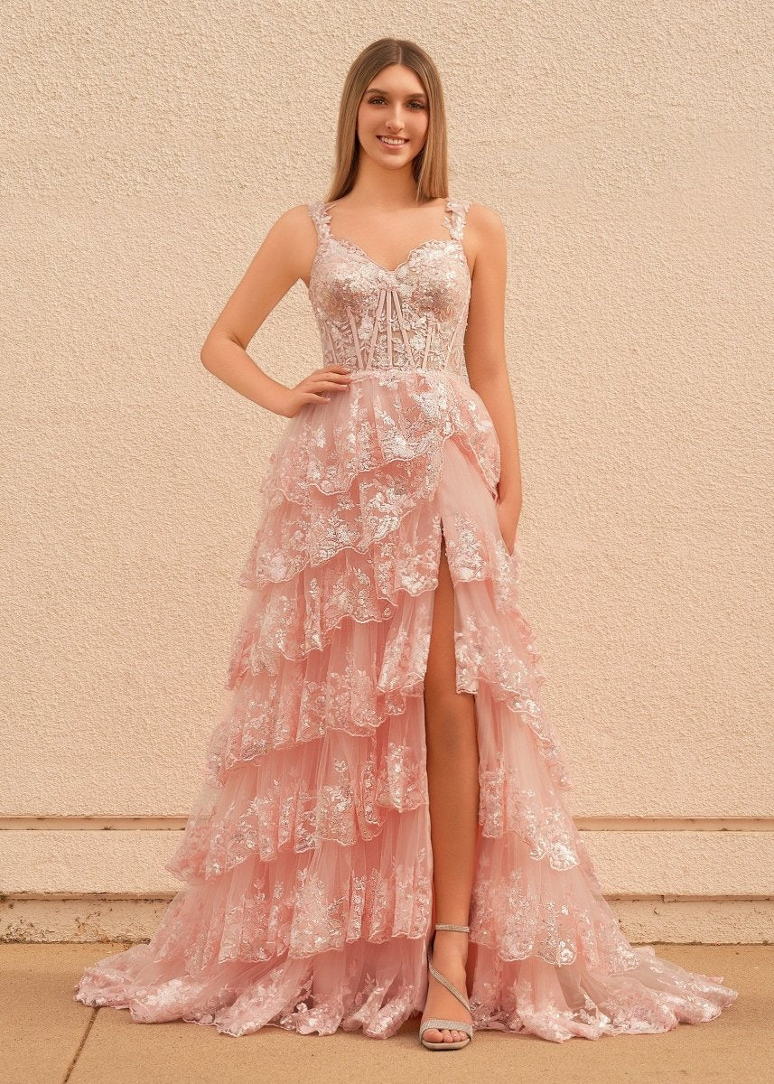 Pink Princess A Line Off the Shoulder Corset Prom Dress with Lace Ruffles - KissProm