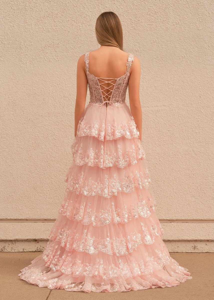 Pink Princess A Line Off the Shoulder Corset Prom Dress with Lace Ruffles - KissProm