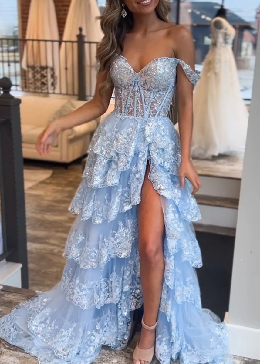 Capri | A - Line Lace Off - the - Shoulder Tiered Long Prom Dress with Slit - KissProm