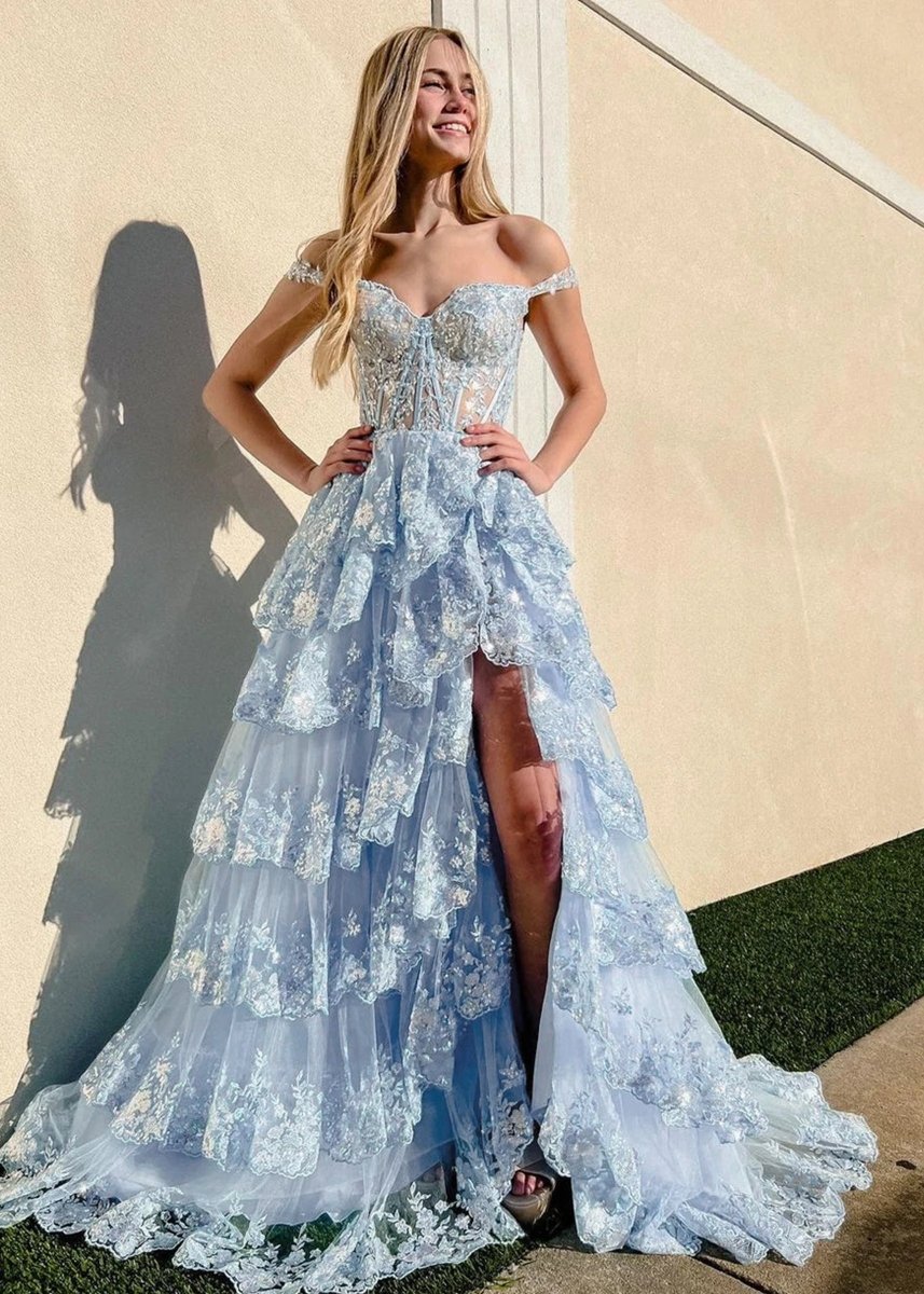 Capri | A - Line Lace Off - the - Shoulder Tiered Long Prom Dress with Slit - KissProm