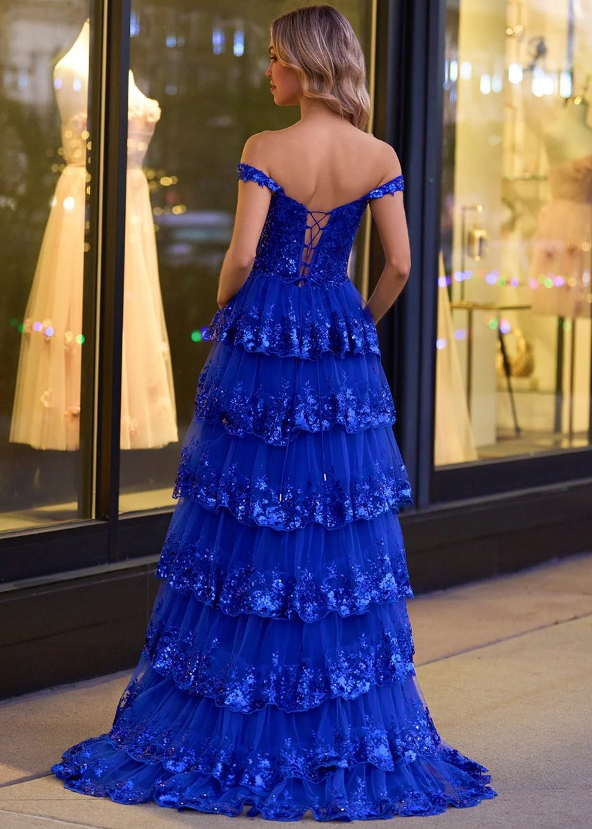 Capri | A - Line Lace Off - the - Shoulder Tiered Long Prom Dress with Slit - KissProm