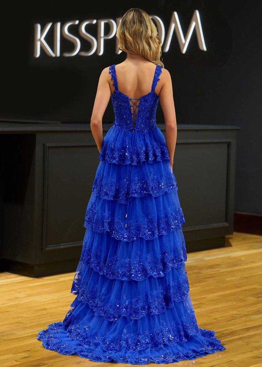 Capri | A - Line Lace Off - the - Shoulder Tiered Long Prom Dress with Slit - KissProm