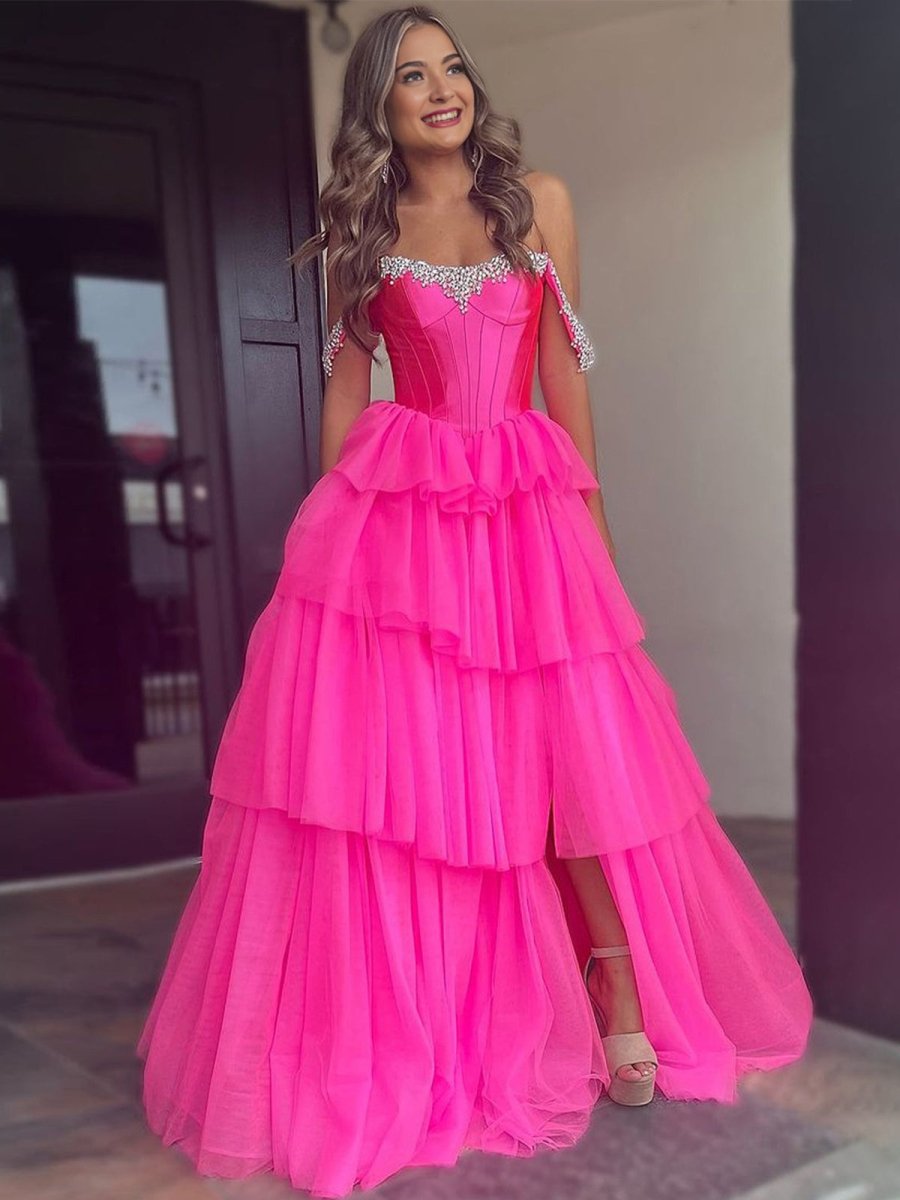 Robenia | A Line Off the Shoulder Hot Pink Tulle Long Prom Dresses with Beading - KissProm